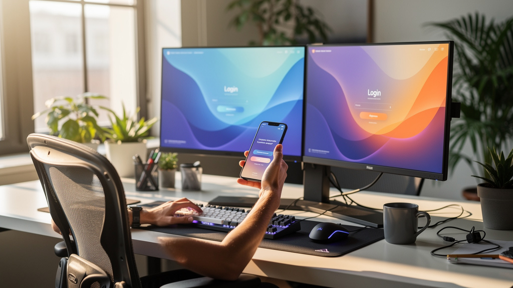 Employee completing multi-step authentication workflow modern office