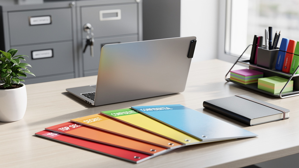 Organized office workspace demonstrating secure data handling practices