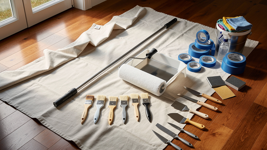 Organized collection of professional painting tools and supplies