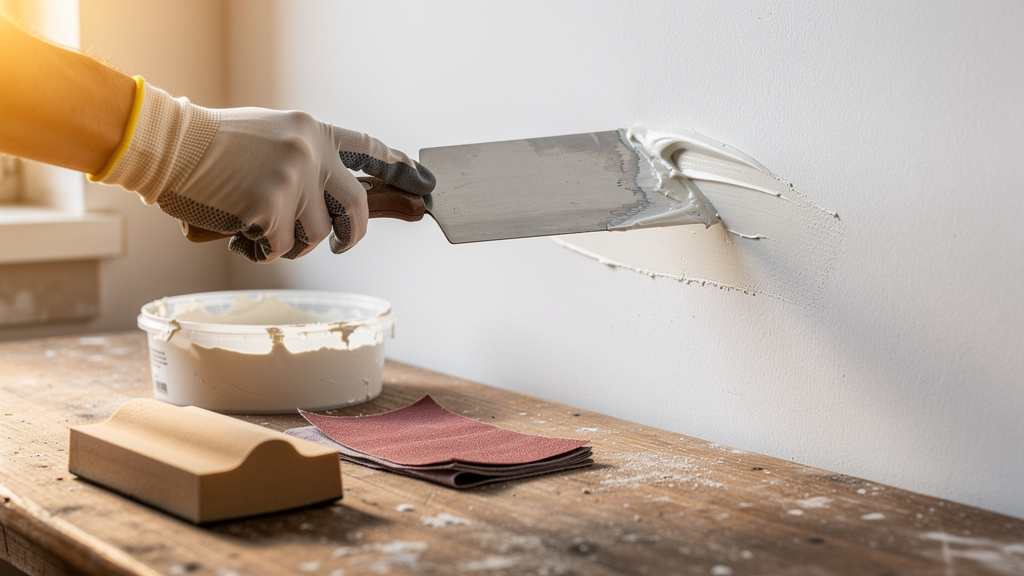 Hand applying spackling compound to repair wall imperfections