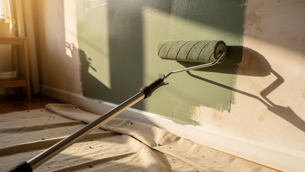 Paint roller applying color using professional W-pattern method