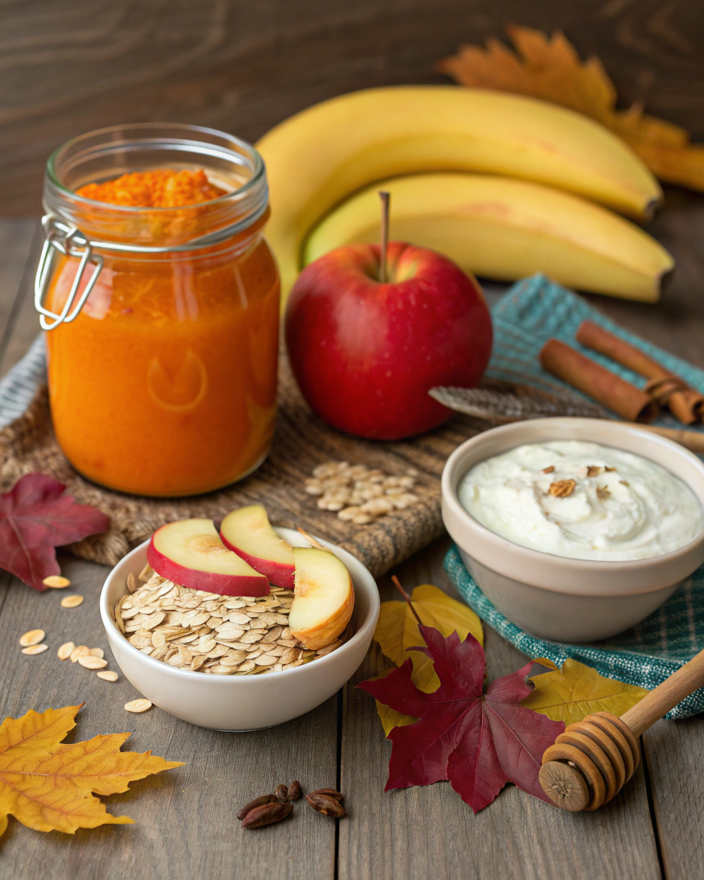 Fresh ingredients for pumpkin apple smoothie arranged on kitchen counter including oats, pumpkin puree, apple, banana, honey, yogurt, and spices