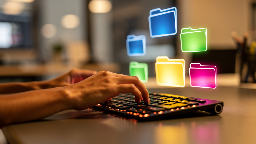 Professional managing digital files on computer keyboard