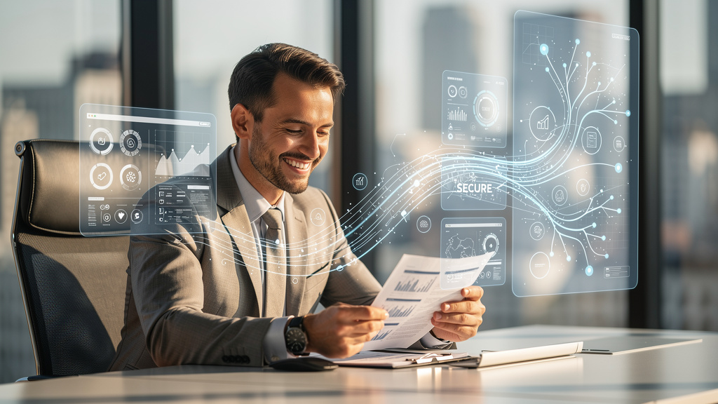 Business professional reviewing secure document management system