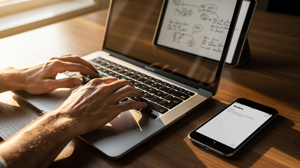 Person using multiple devices for synchronized note-taking