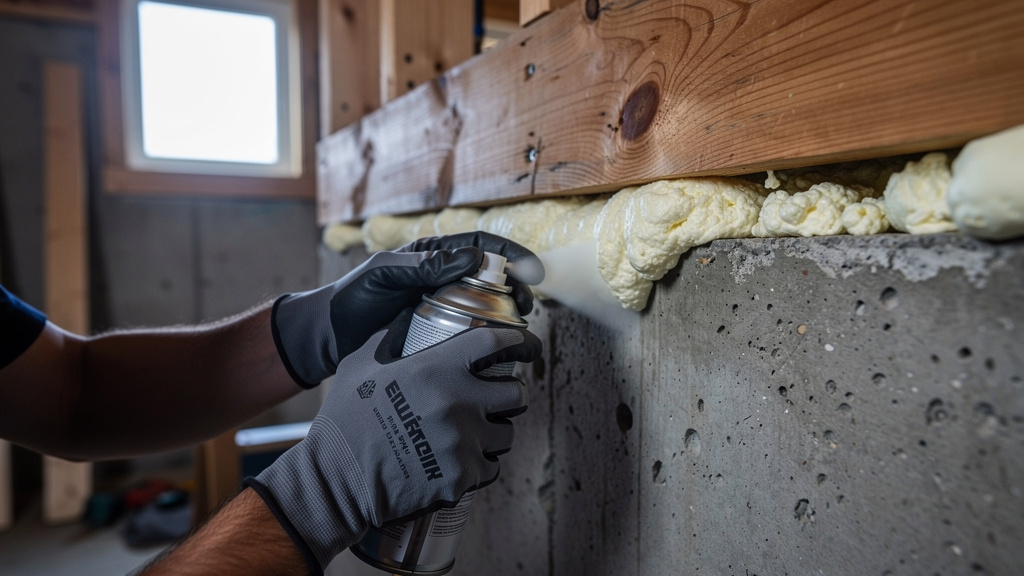 Applying spray foam insulation to rim joist gaps