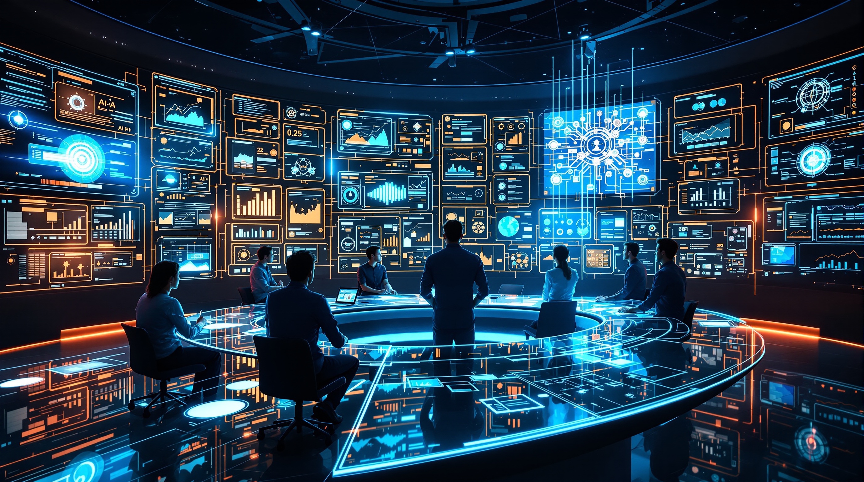 High-tech control room visualizing the AI lifecycle with interconnected dashboards and holographic interfaces