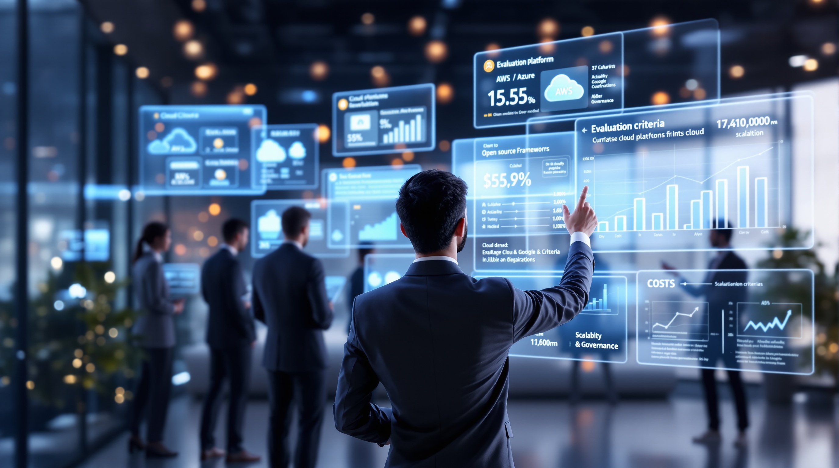Business team evaluating AI platform options with digital panels showing cloud and open-source frameworks