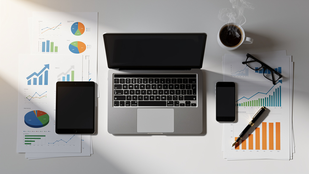 Business performance metrics and modern technology workspace