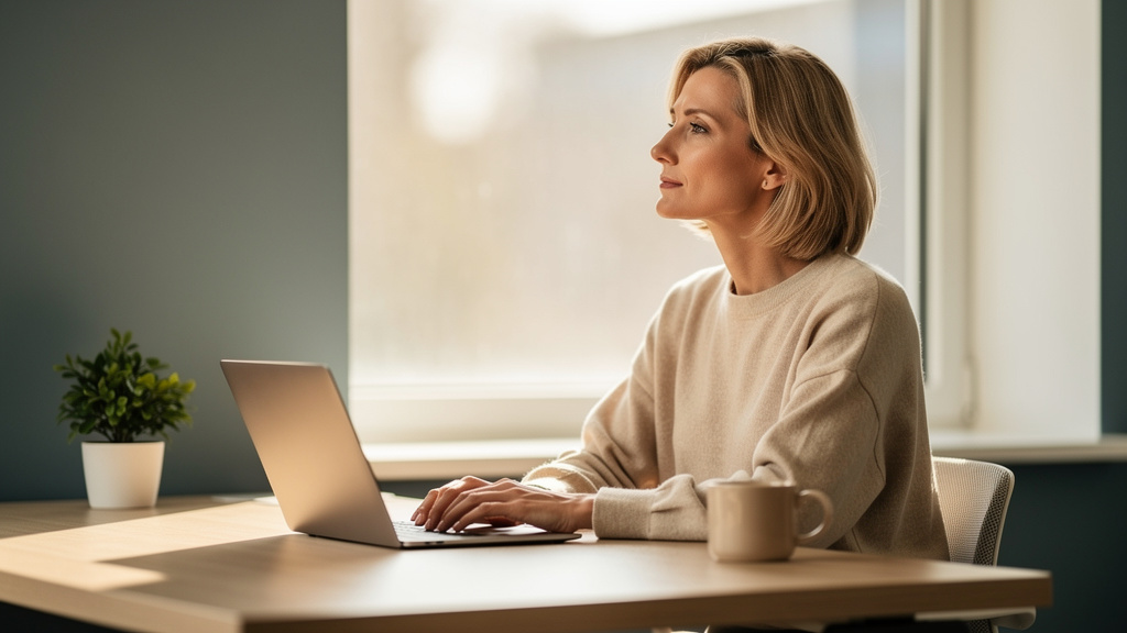 Professional employee in contemplative moment showing workplace satisfaction