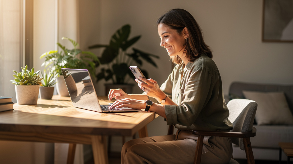Employee engaging with mobile coaching technology in modern workspace