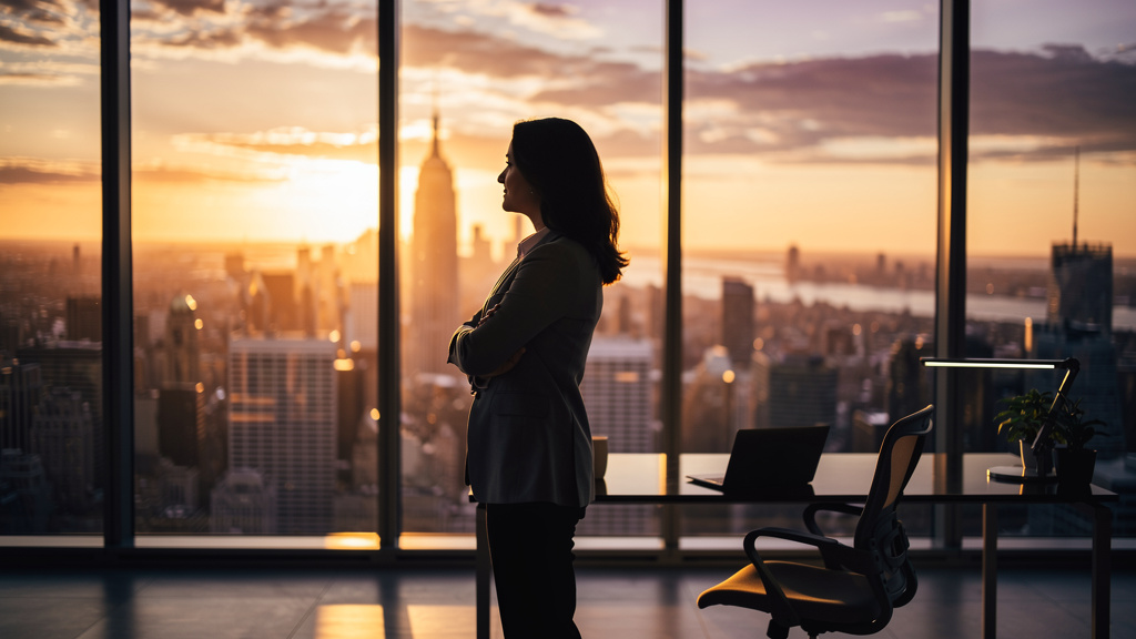 Business professional overlooking city representing growth and success