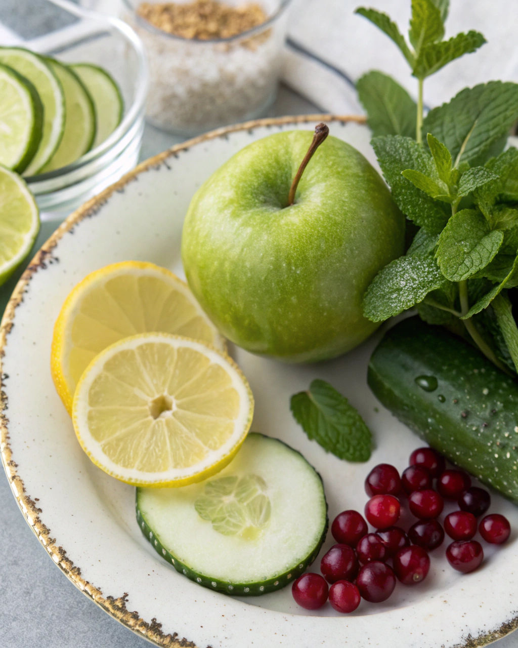 Grinch Mocktail ingredients laid out on clean white counter