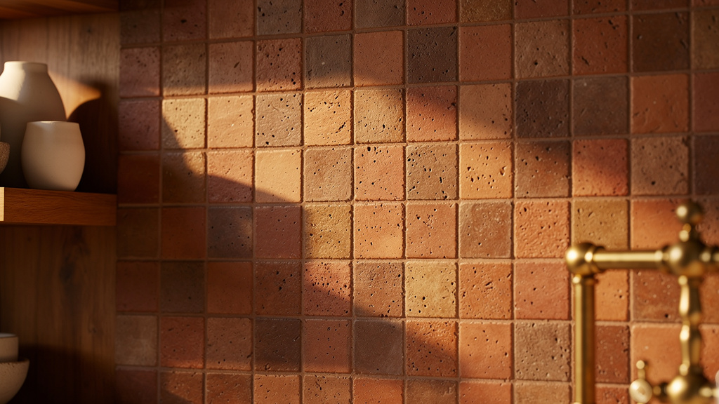 Terracotta tile backsplash in warm earthy tones with natural texture