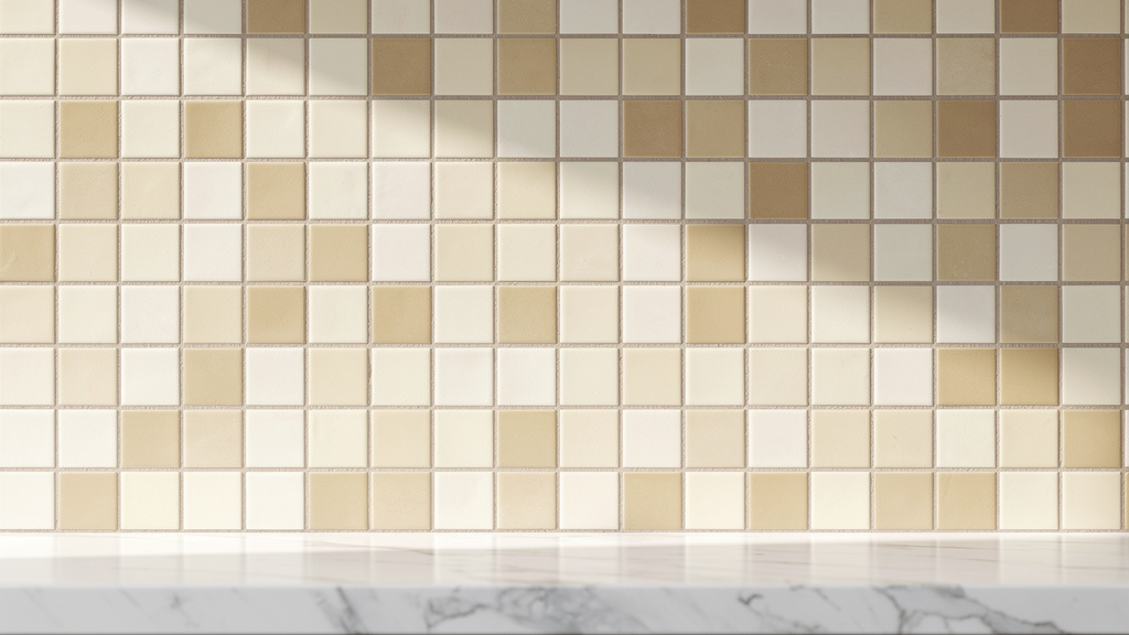 Square tiles in warm neutral checkerboard creating modern minimalist pattern