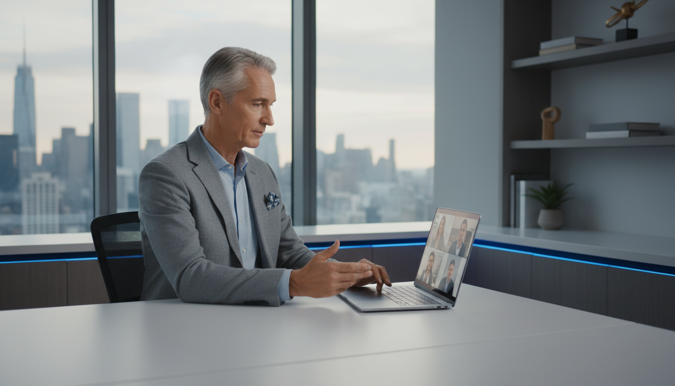 Senior executive at a clean corner office desk leading a virtual team call, gesturing toward a laptop that displays multiple remote participants with a city view in the background.