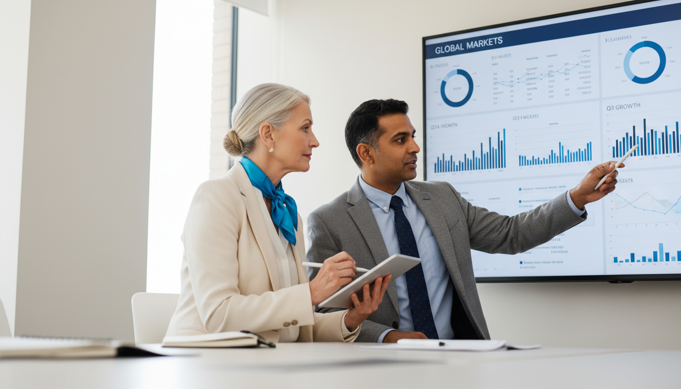 Two senior professionals in a minimalist conference room collaboratively annotating a large financial dashboard on a wall-mounted screen, one using a stylus while the other takes notes on a tablet; soft neutral lighting and subtle blue accents create a professional, forward-looking mood.