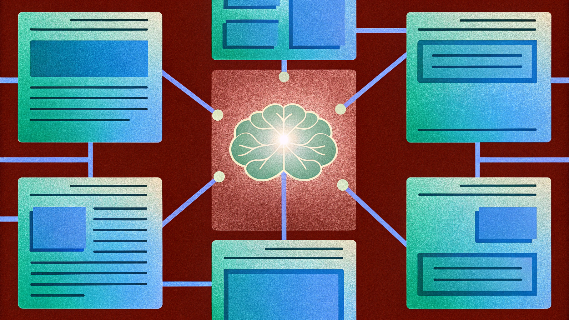 Illustration showing an AI system processing and citing various content sources to generate an answer for a user.