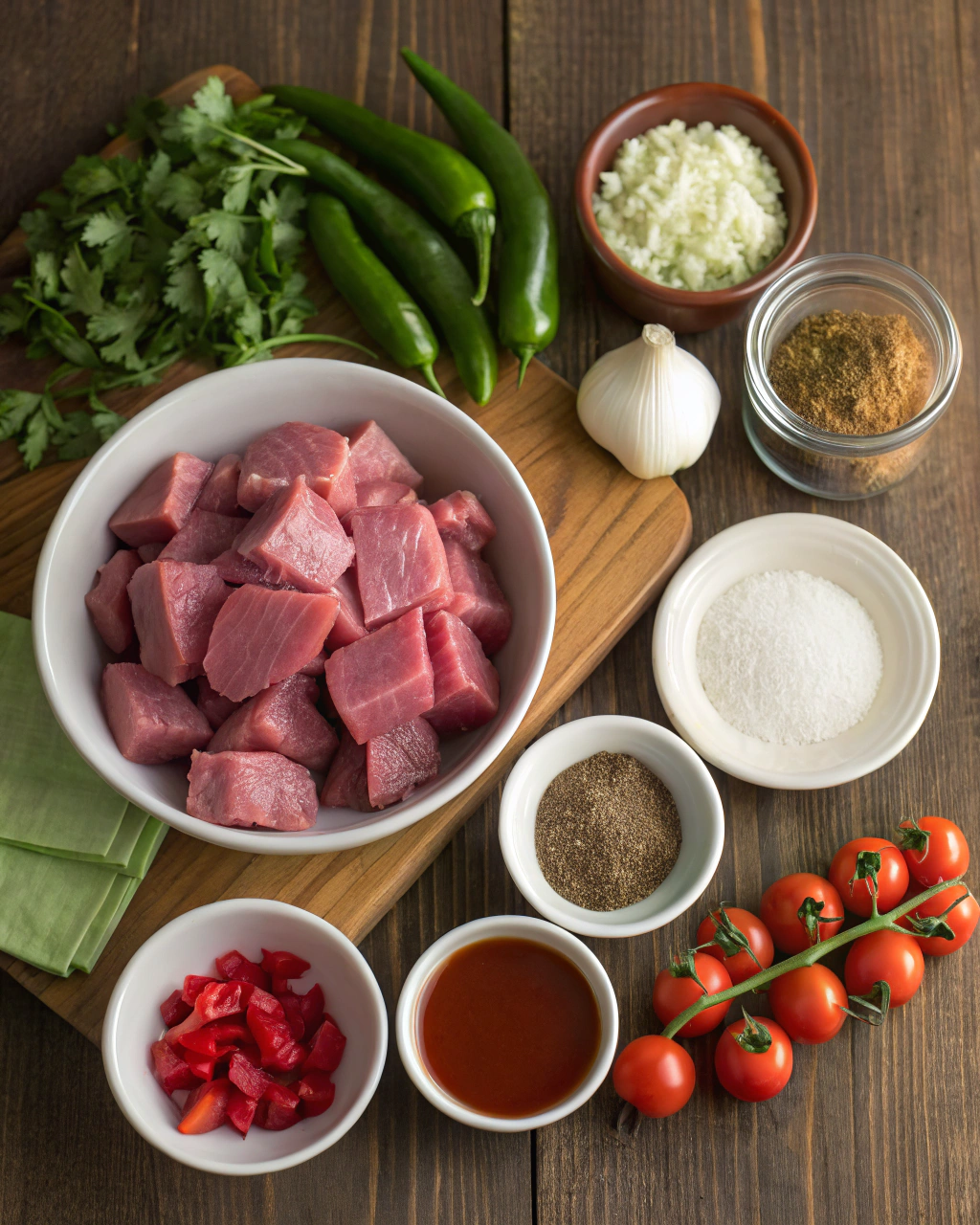 Fresh ingredients for New Mexico green chile stew arranged on rustic wooden cutting board including cubed beef tenderloin, vibrant green chiles, red tomatoes, and aromatic herbs