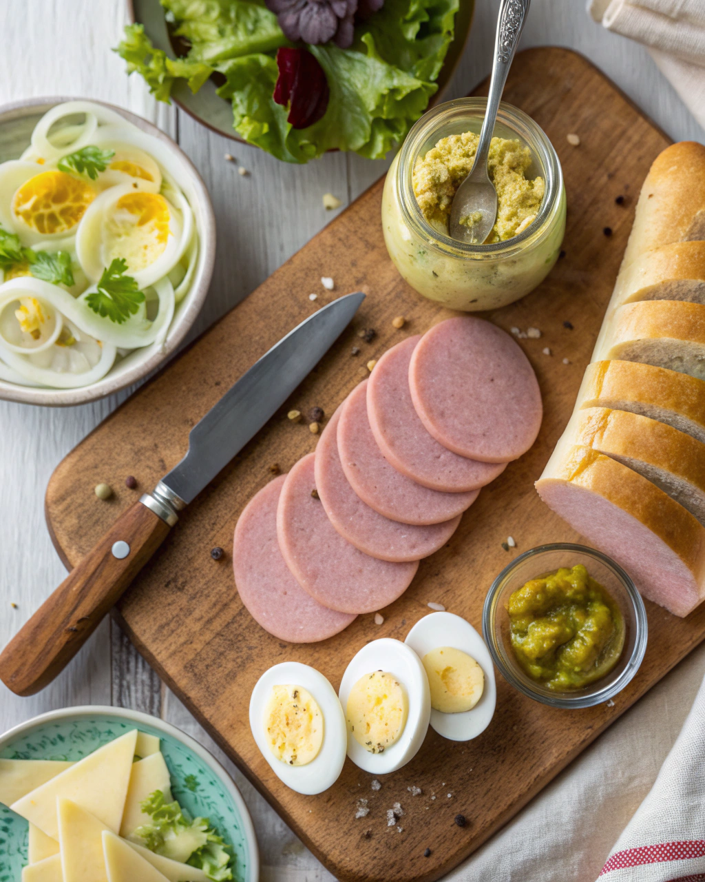 Bologna salad sandwich spread ingredients arranged on marble surface with vintage styling