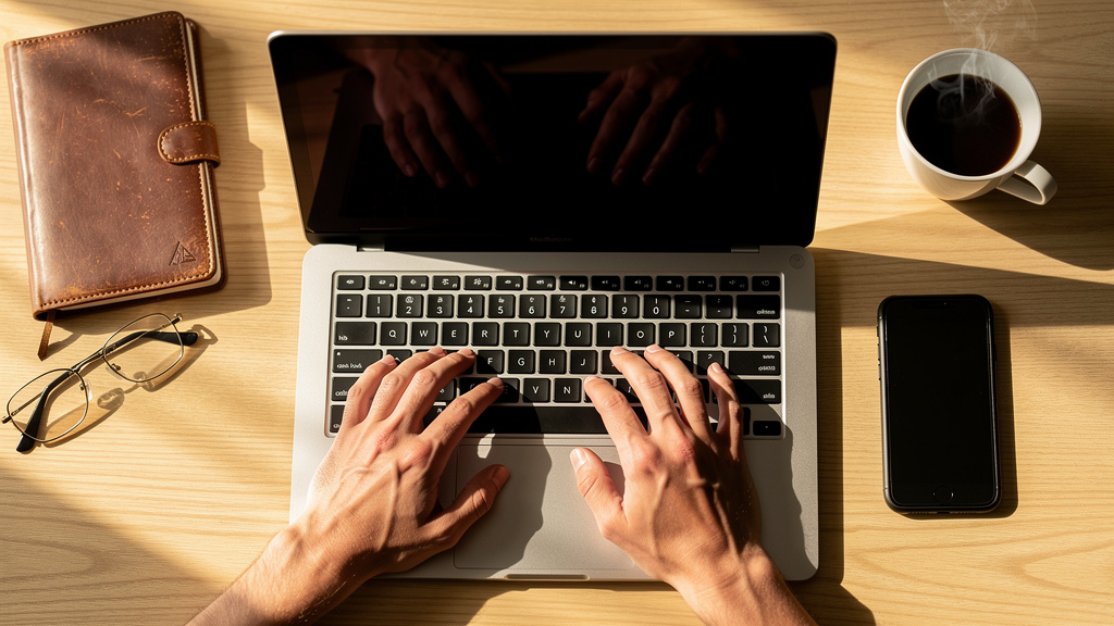 Professional workspace with laptop and security essentials for remote work