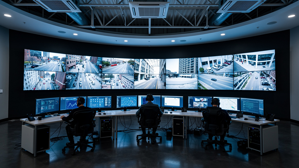 Security operations center with multiple surveillance monitors