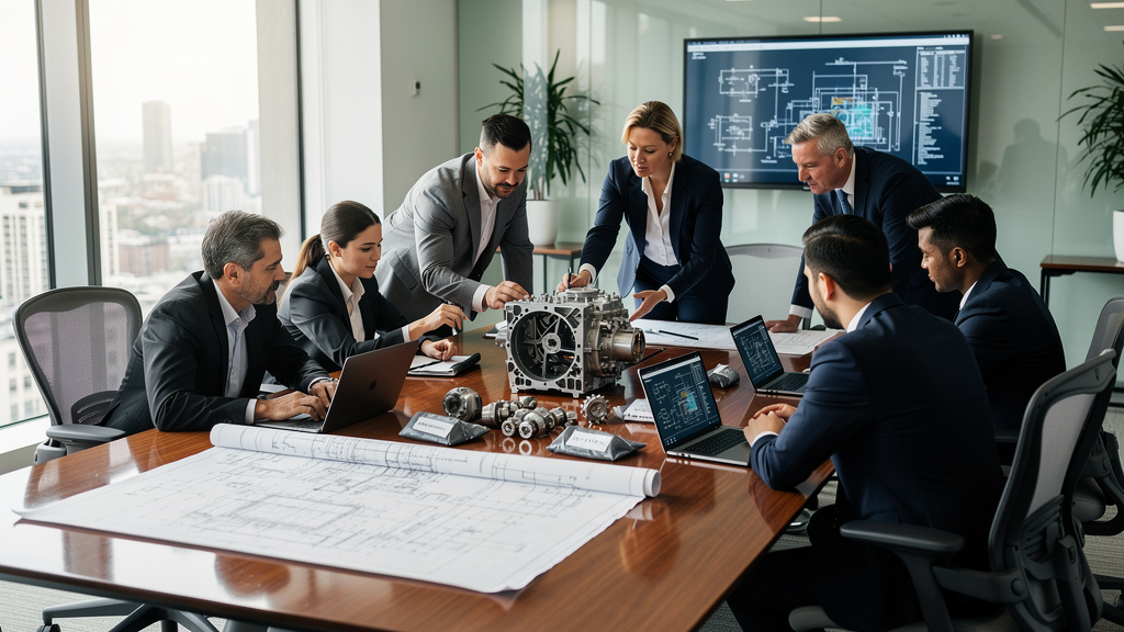 Business professionals collaborating on technical analysis project