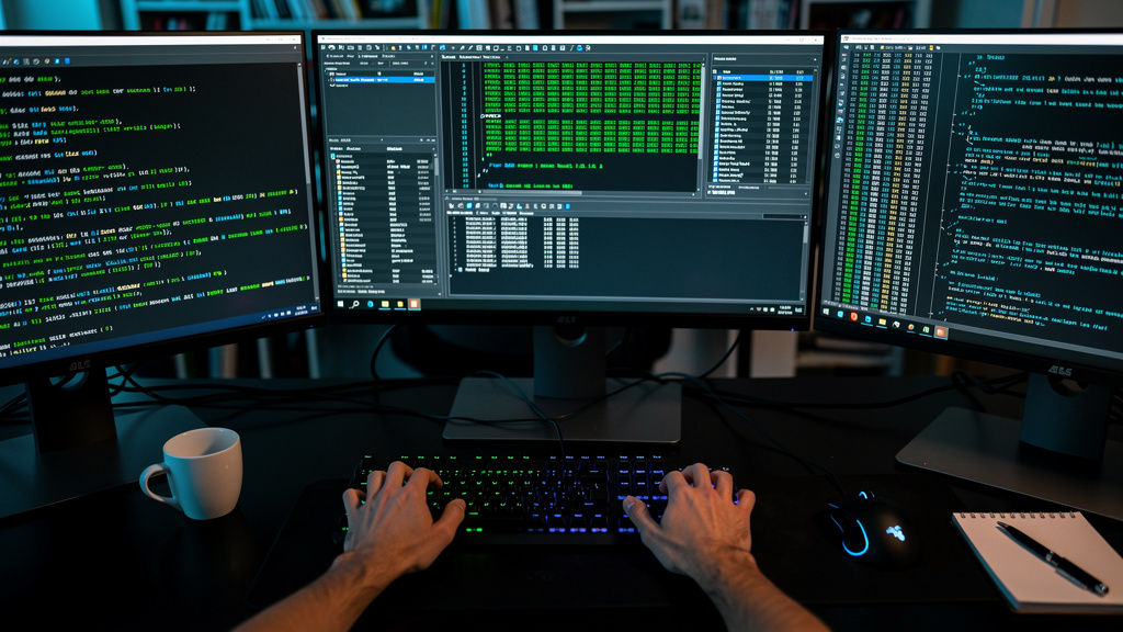 Cybersecurity analyst reviewing code at workstation