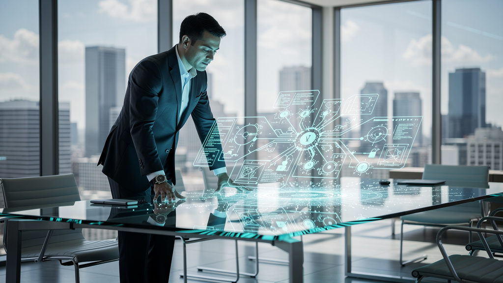 Executive reviewing network security architecture in modern office