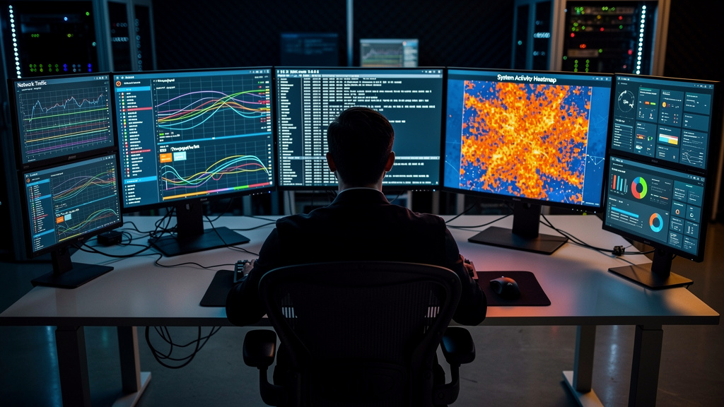 Digital forensics analyst examining data in operations center