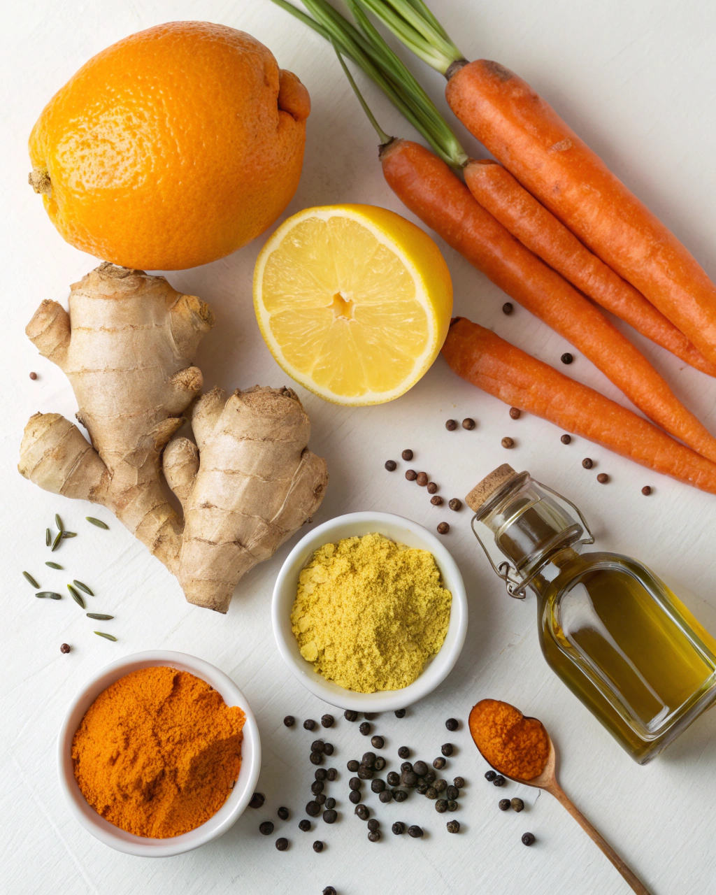 Wellness Shots: Quick Immunity Boost Recipe 2 Wellness Shots ingredients laid out on clean white counter