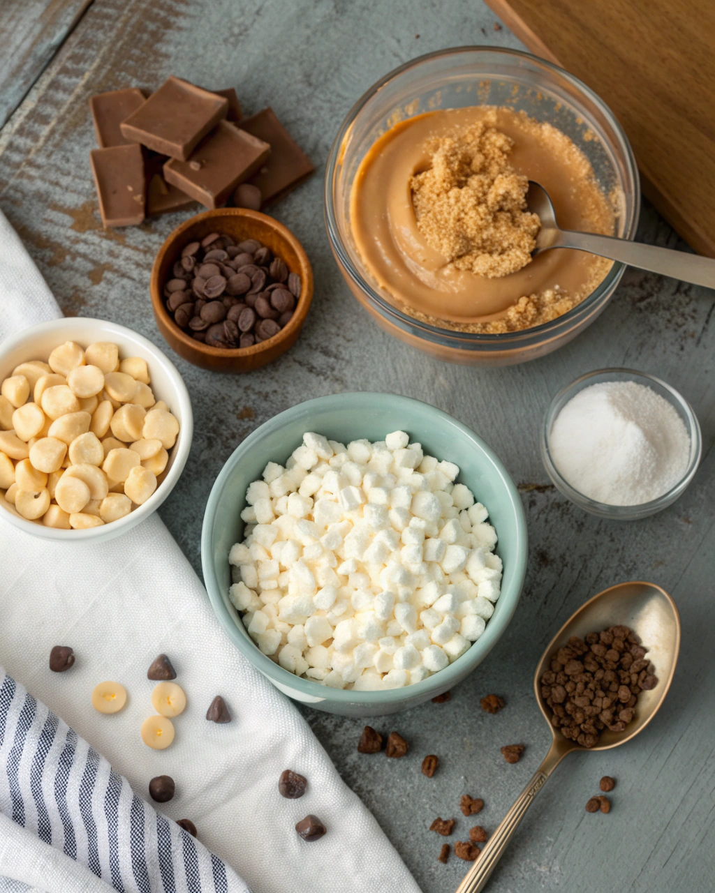 Avalanche cookies ingredients including white chocolate chips, peanut butter, vanilla extract, crispy rice cereal, mini marshmallows, mini chocolate chips, and flaky sea salt arranged on a kitchen counter
