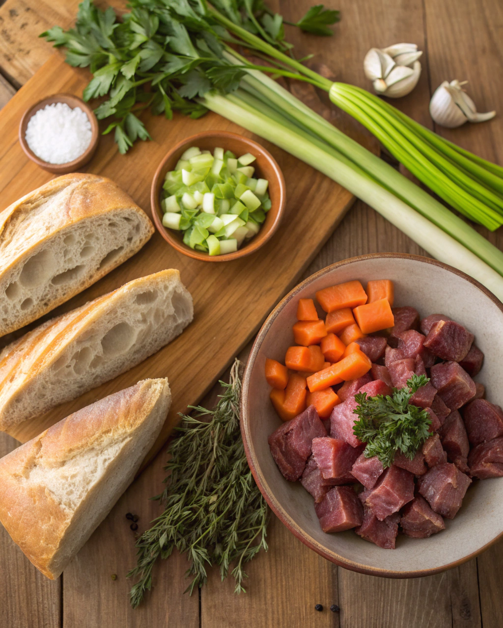 Fresh ingredients for beef stew in a bread bowl including chunks of beef, vegetables, herbs, and sourdough bread bowls arranged on a wooden cutting board