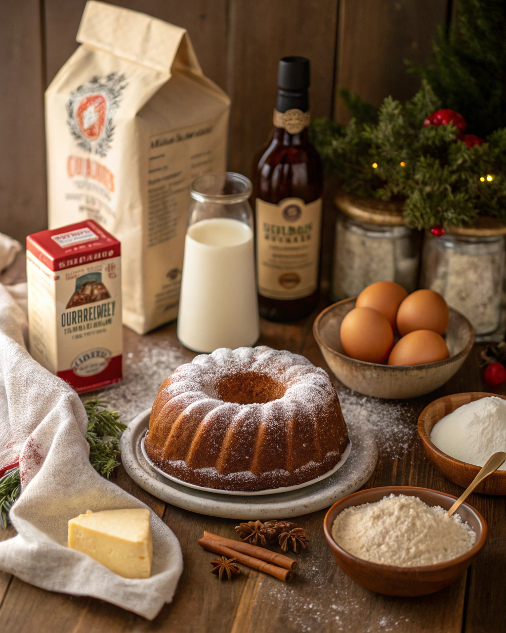 Eggnog cake ingredients including butter, sugar, eggs, cake flour, eggnog, vanilla extract, and nutmeg arranged on a kitchen counter