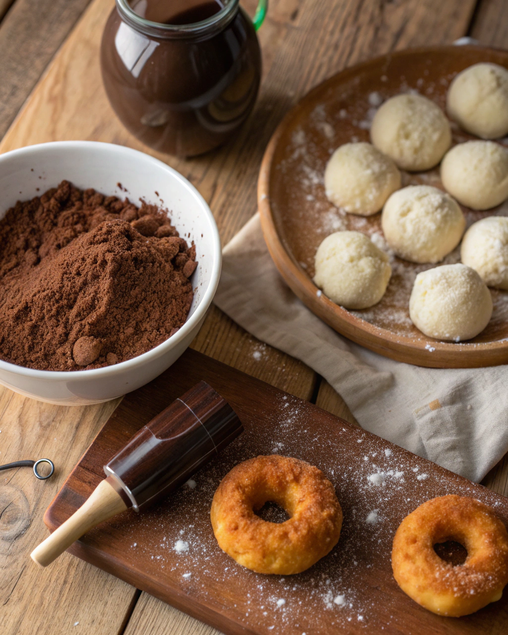 Chocolate filled donuts ingredients including flour, milk, yeast, chocolate, and cream arranged on kitchen counter