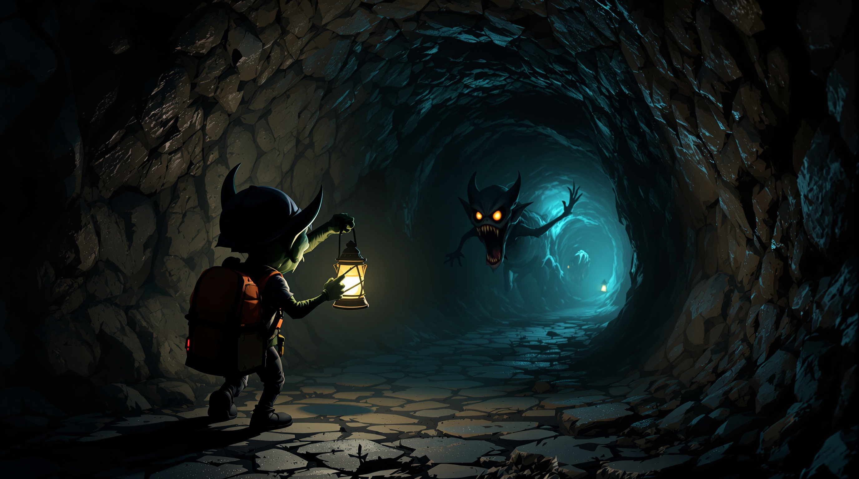 Goblin repartidor en Deadly Delivery terror cooperativo VR enfrentando monstruos en la oscuridad