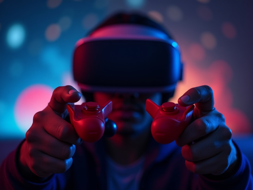 Jugador de VR usando los agarres KIWI design Quest 2 rojos con inmersión total