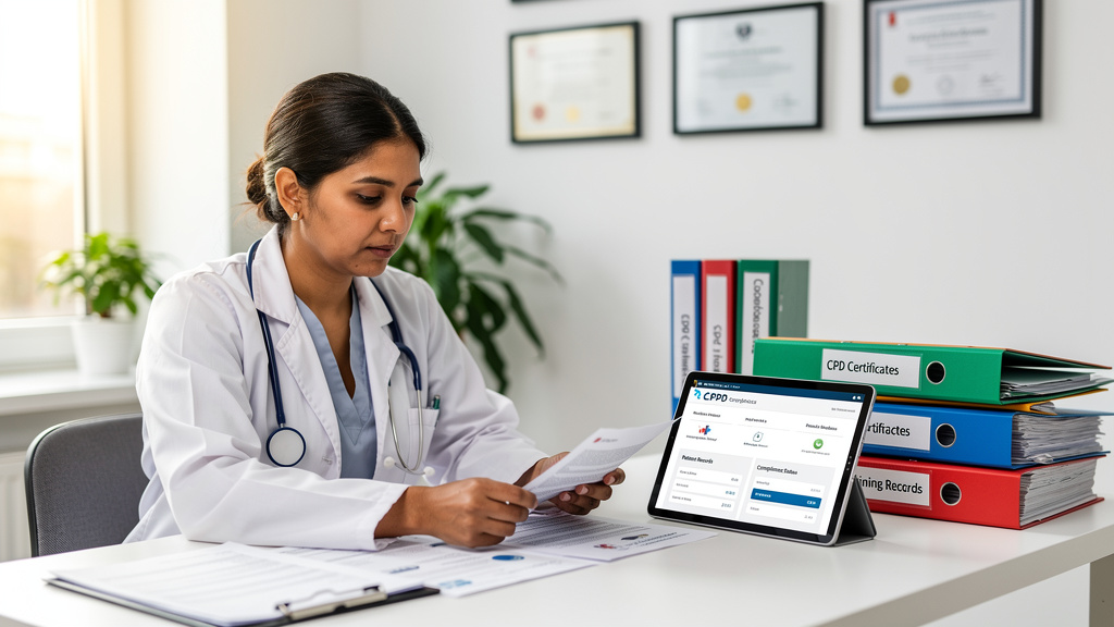 Medical practitioner reviewing CPD compliance documentation