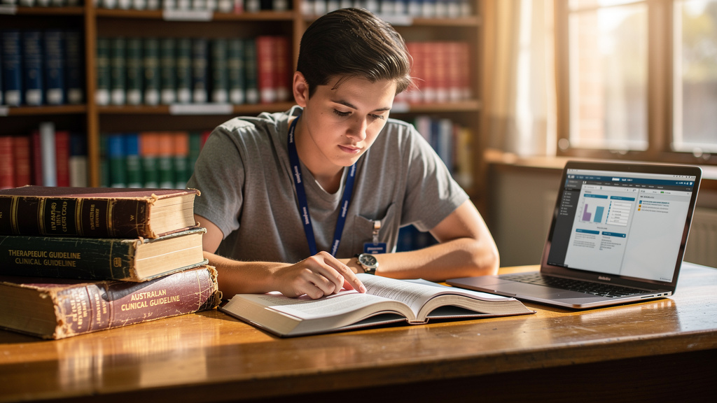 Medical professional studying Australian therapeutic guidelines and protocols