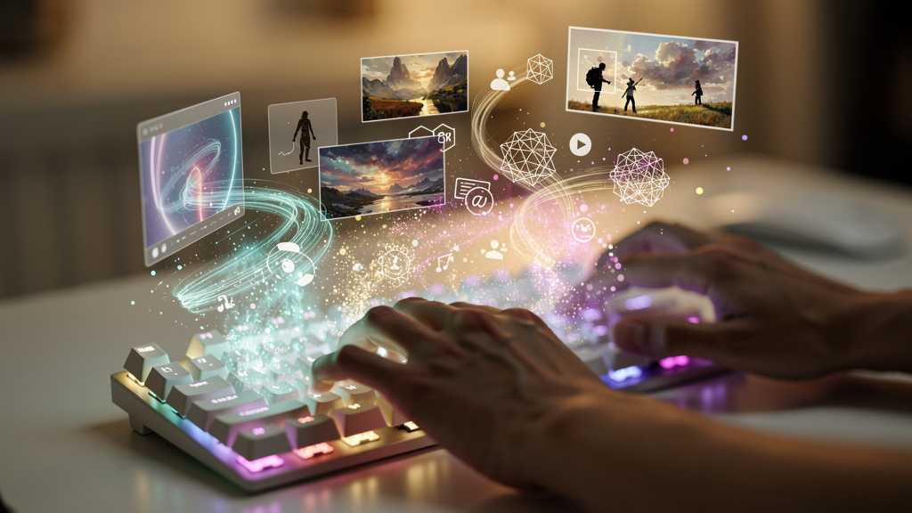 Hands typing as digital images emerge from keyboard