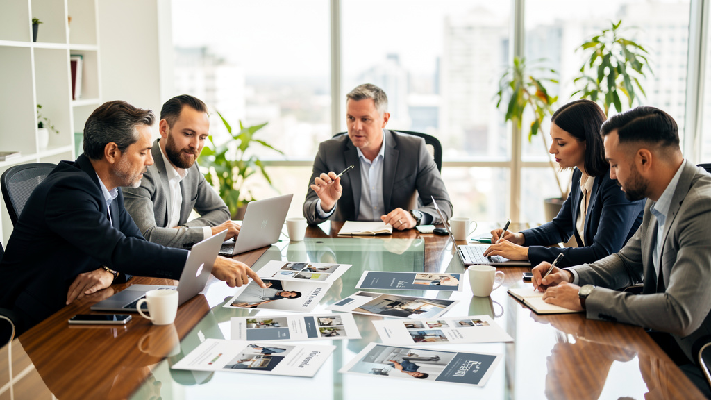 Business team collaborating while reviewing multiple image options