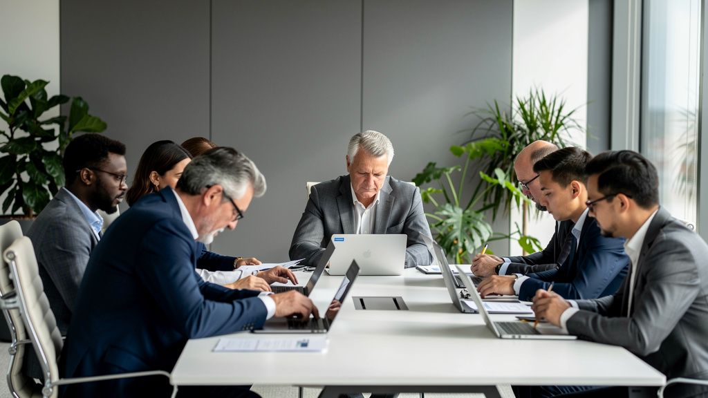 Business professionals in strategic planning meeting discussing technology governance