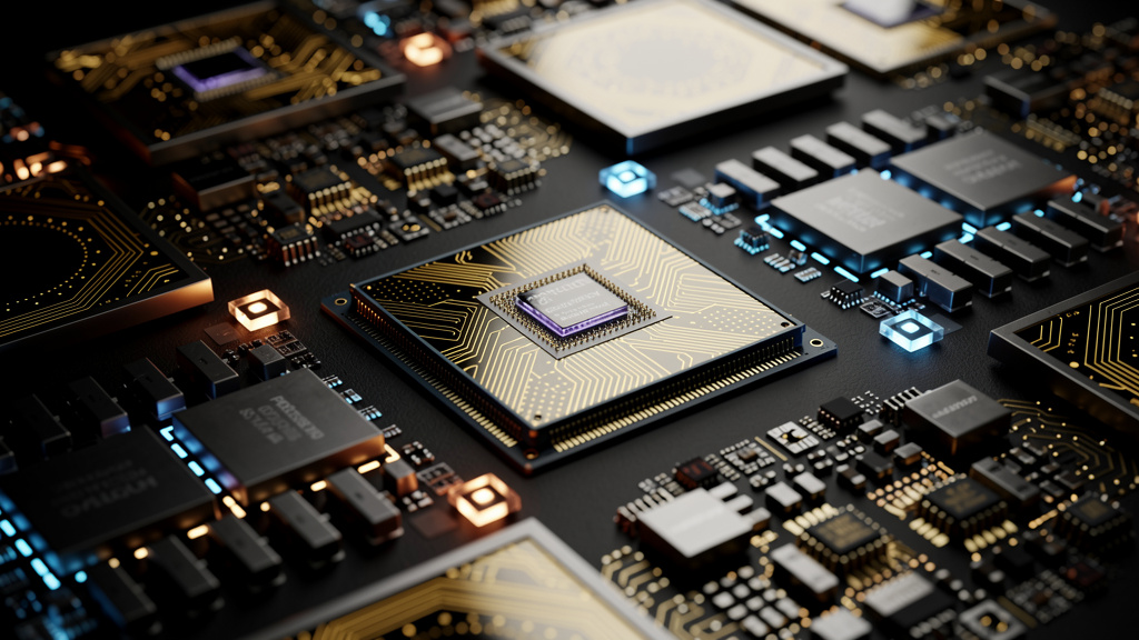 High-performance AI semiconductor chips and memory components closeup