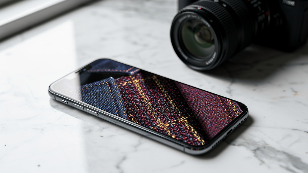 Smartphone showing enhanced high-resolution fabric photograph detail