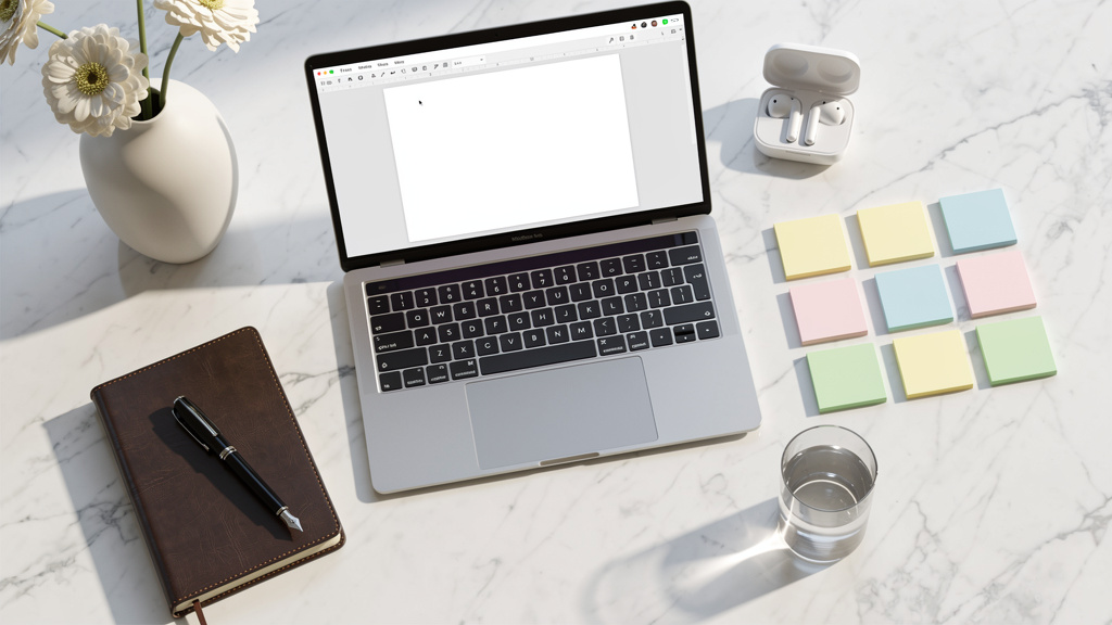 Organized content planning workspace with digital and analog tools