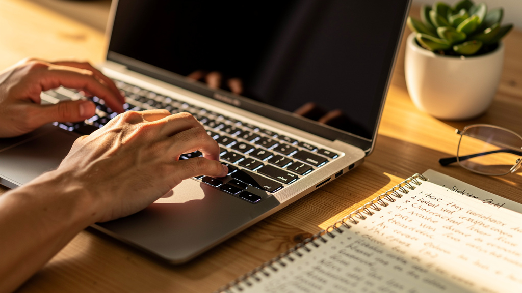 Hands typing on laptop creating digital content