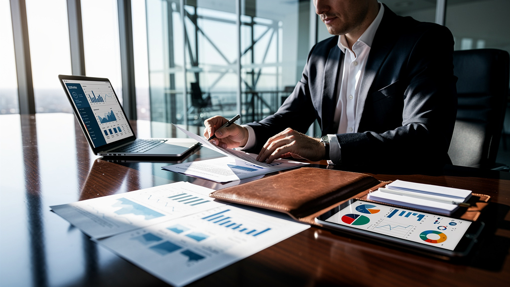 Professional evaluating business tools and documents