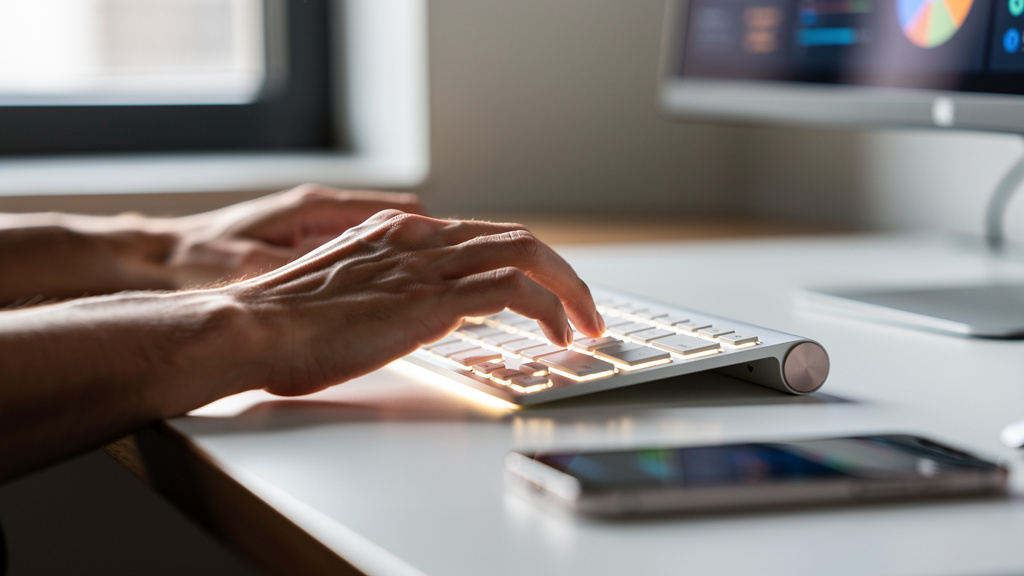 Professional hands typing on keyboard in modern workspace