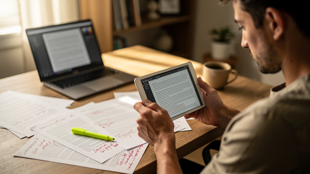 Editor reviewing digital content on tablet at workspace