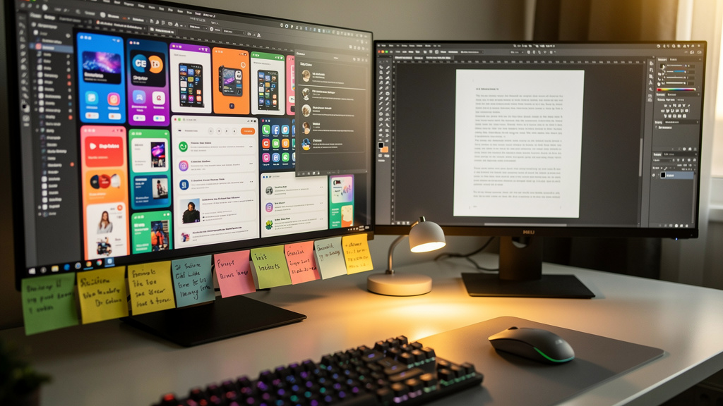 Dual monitor setup showing content creation software interfaces